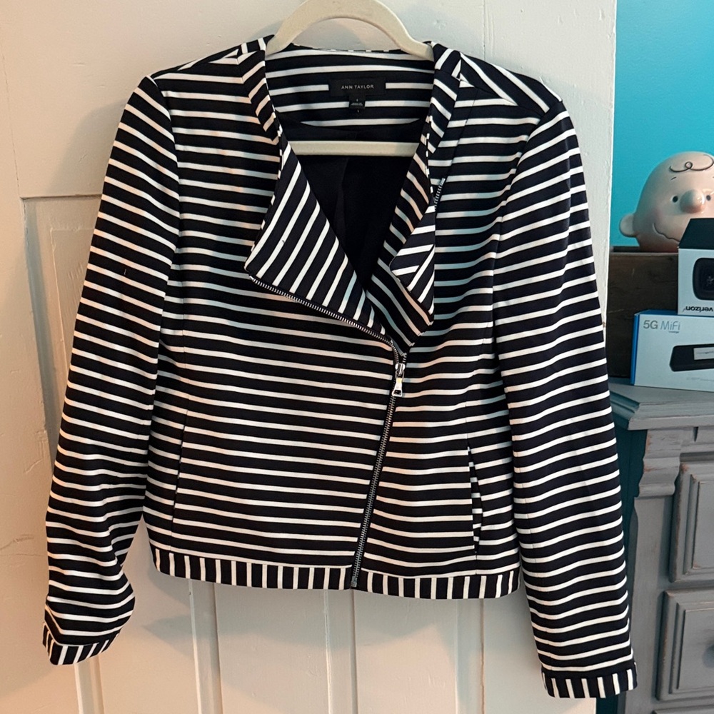 Ann Taylor Black and White Striped Blazer Moto Jacket